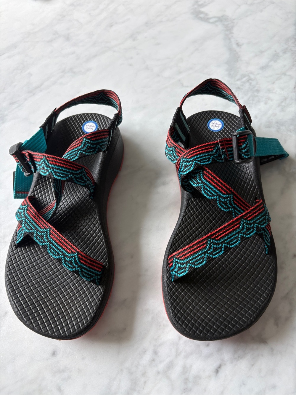 Chaco Black Sandals with Teal and Red Accents